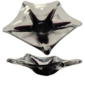 Murano Art Glass Star Form Bowl, Clear with Amethyst, 11" Wide. Pontil